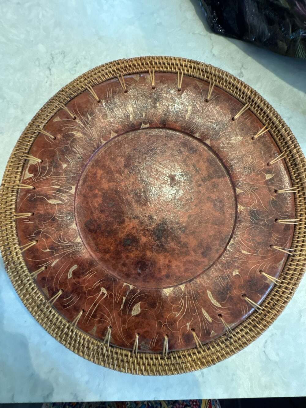 Pier 1 Faux Tortoise Shell Charger Plate set of 5 Wicker Rim 14"